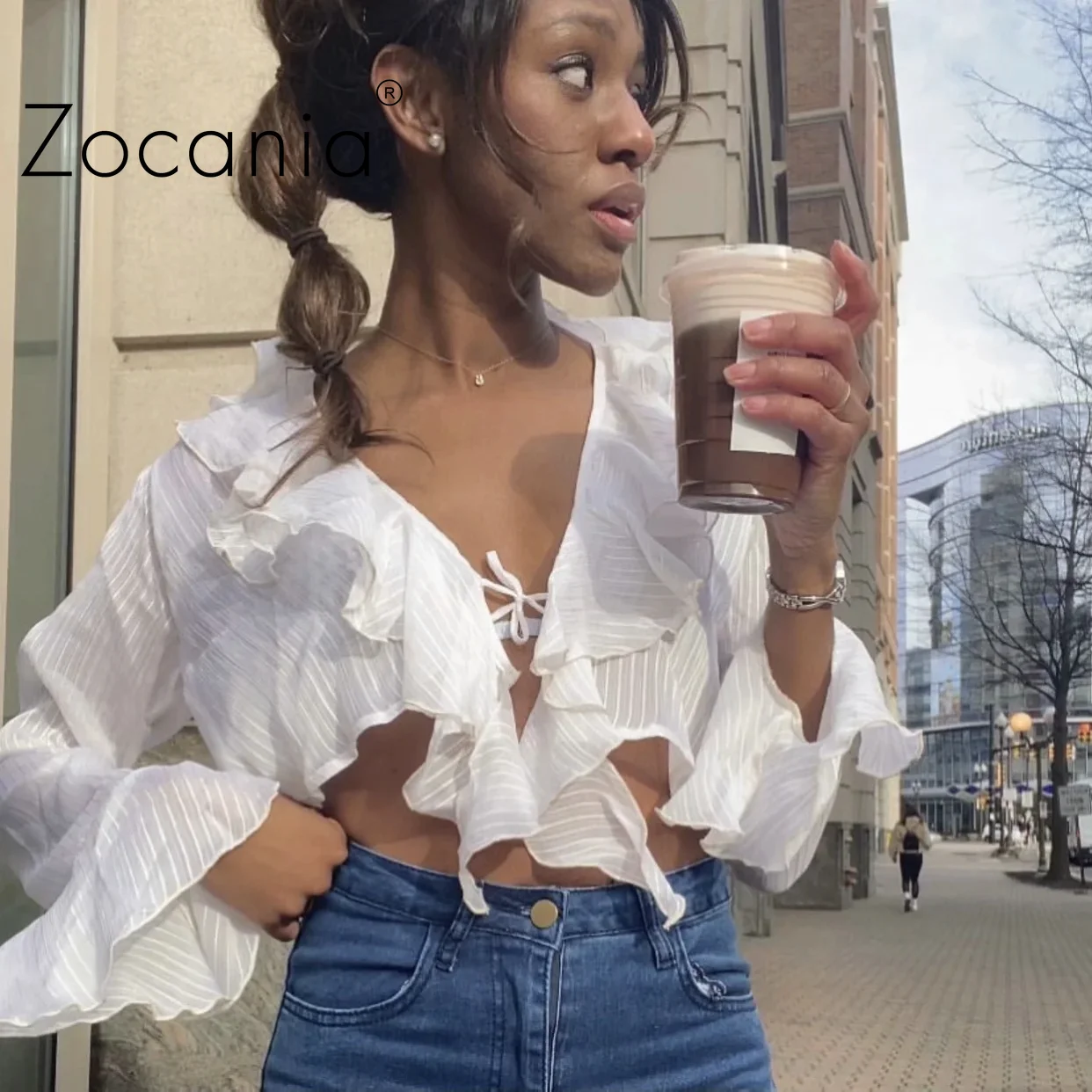 

Thin Perspective Women's Shirt Sexy Midriff Blouses and Shirts Falbala Cute Female's Blouse Solid Lace-up Fashion Tops Girl 2021