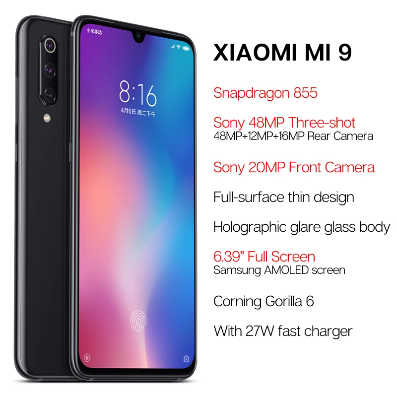 Глобальная версия Xiaomi mi 9 6GB 128GB 6 39 ''AMOLED восьмиядерный смартфон Snapdragon 855 48MP с