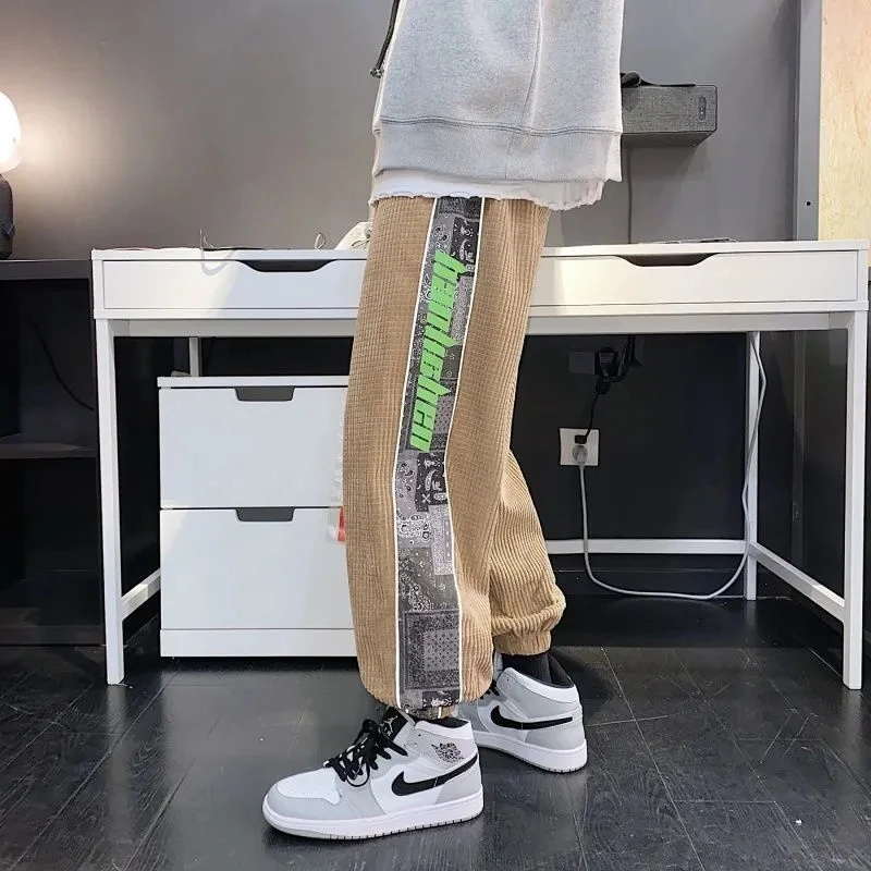 Вельветовые Штаны мужские свободные тренд штаны шаровары японский принт