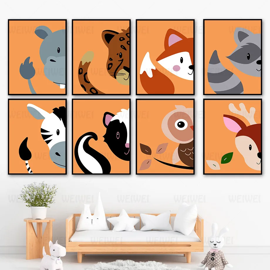 

Canvas Animal Painting Deer Owl Fox Zebra Lion Monkey Raccoon Wall Art Nordic Posters and Prints Wall Pictures Kids Room Decor