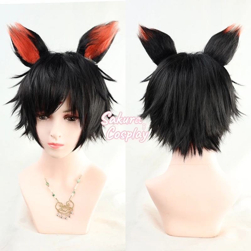 

Game Arknights Aak Cosplay Black Short Heat Resistant Synthetic Hair Halloween Carnival Role Play Party + Free Wig Cap + Ears