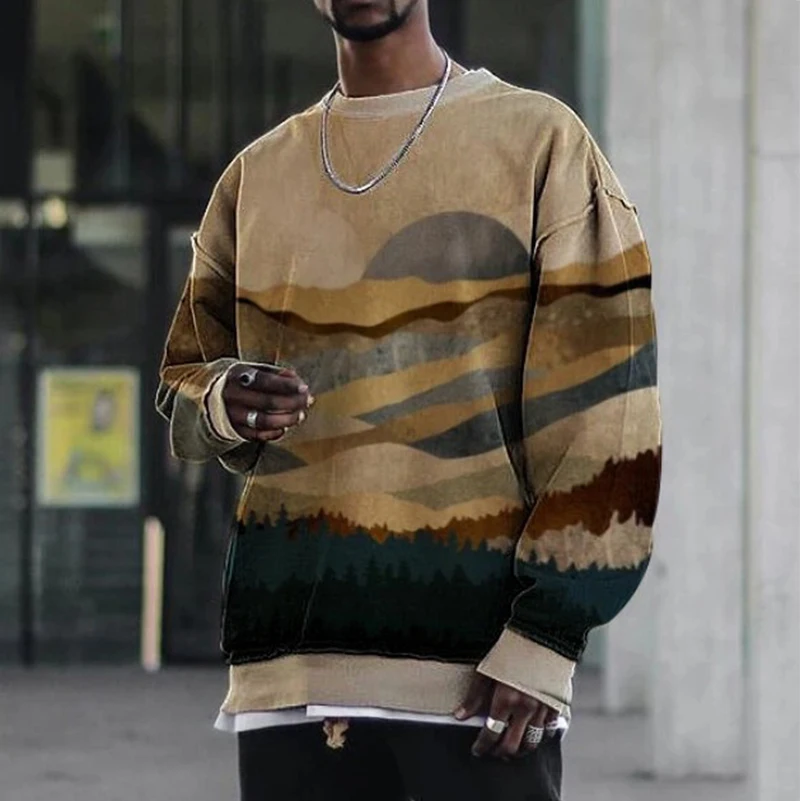 

2021 Spring Retro Landscape Print Sweatshirt Fashion Men's Long Sleeve Tops Pullover Casual Male Loose Harajuku Street Hoodies