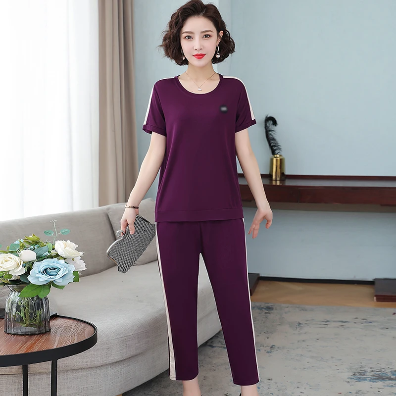 

Summer Women Casual Twinset Purple Red Navy Blue Short Sleeve T-Shirt And Cropped Pant Two Pieces Trouser Suit Set Tracksuit New