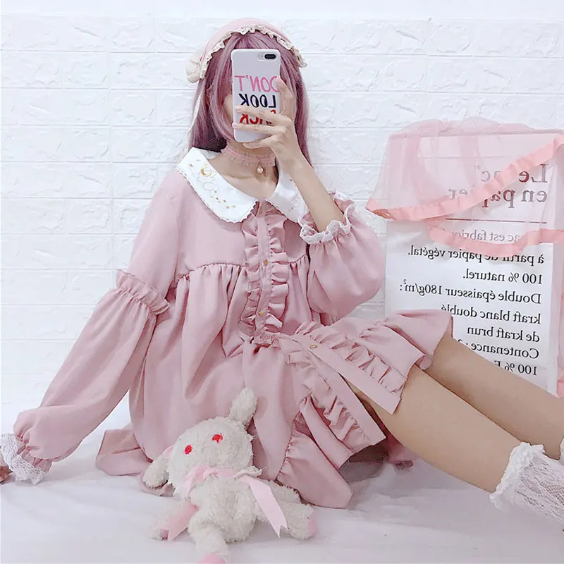 

Japanese Style Carousel Lolita Cosplay Lace Dress Maid Costume Dress Tea Party Girl Long Sleeve Sweet Lolita Dress Bowknot JSK