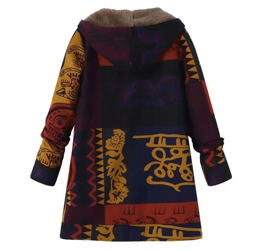 2021 Autumn Velvet Cotton Jacket Zipper Plus Women's Retro Totem National Style Fashion Printed Hooded Warm Winter Jacket Coat