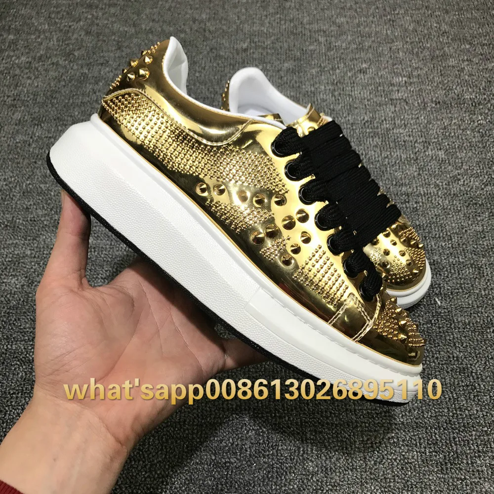 Роскошная обувь женские дизайнерские кроссовки из лакированной кожи с заклепками женские кроссовки на платформе в стиле панк повседневные туфли на плоской подошве со шнуровкой 35-39