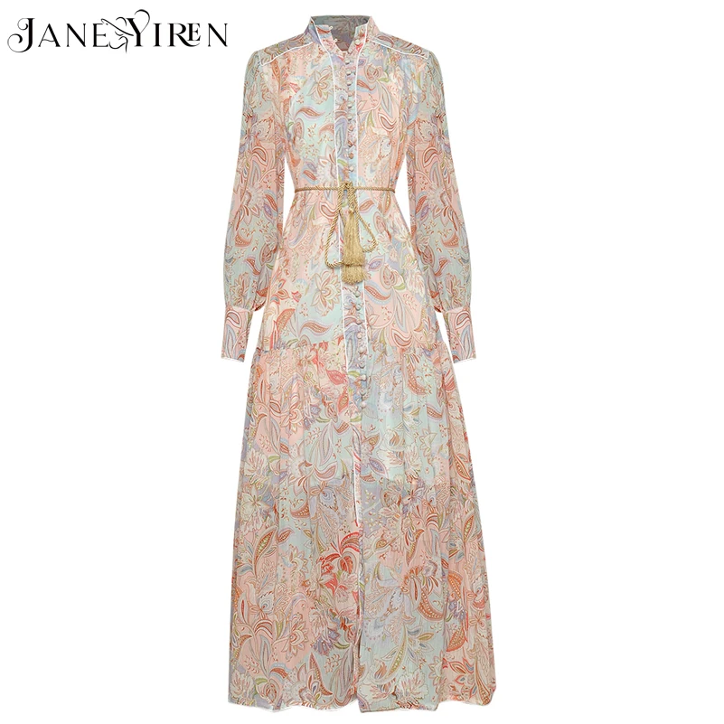 

Janeyiren 2021 fashion Runway Women long dress Lantern sleeve vintage pattern print Single-breasted elegant dress