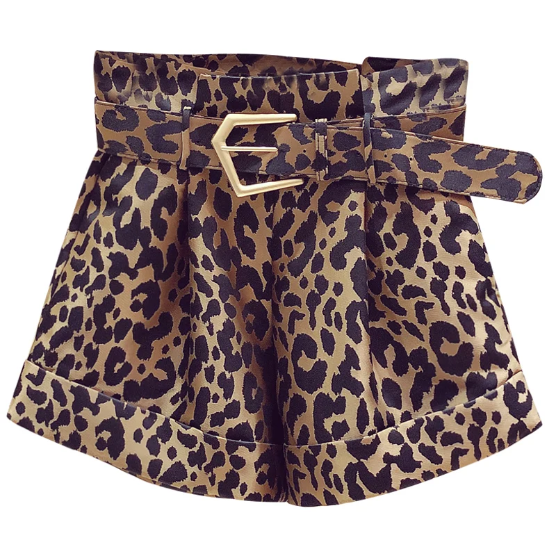 Leopard-Print Shorts Woman 2021 Summer New Fashion High Waist Wide-Leg Casual Female Lady Short Trousers with Belt