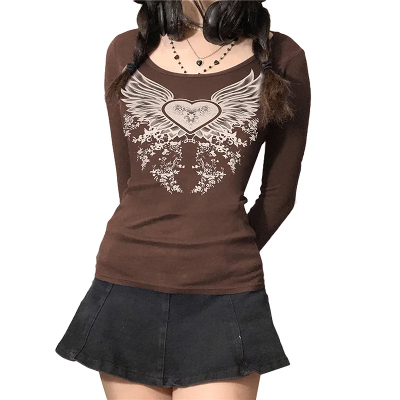 

Hirigin 2021 Autumn Sexy Slim Y2k Tops Vintage Heart Angel Wings Print Tee Shirt Women Casual Round Neck Long Sleeve T Shirt