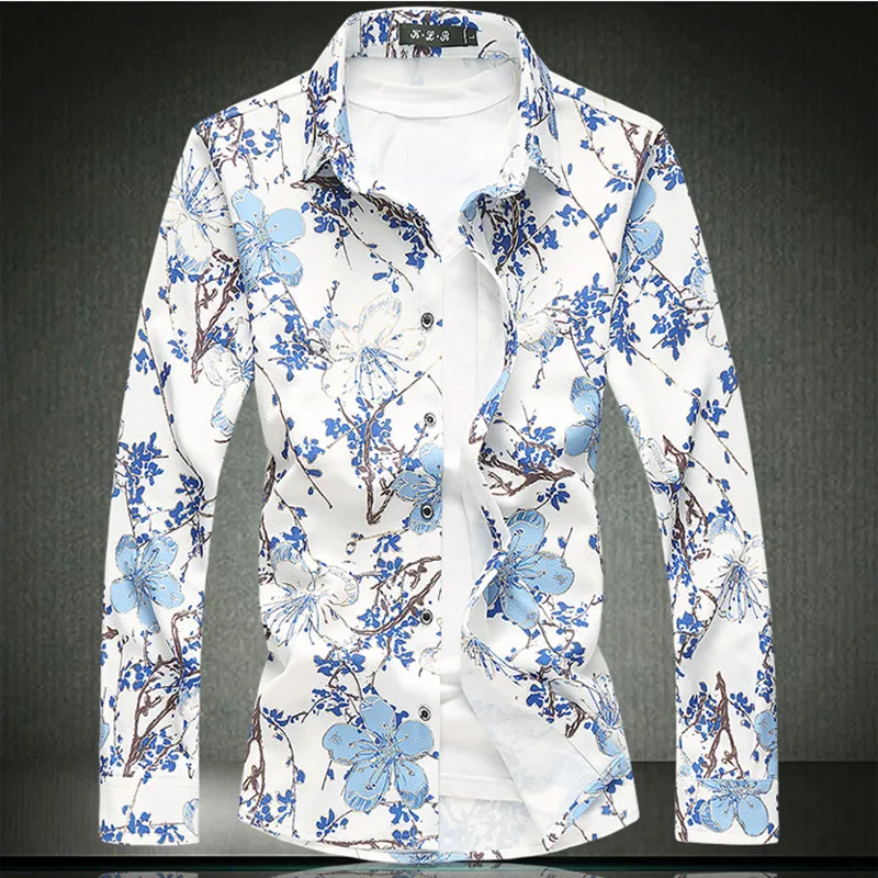 Мужская приталенная рубашка с длинным рукавом и цветочным принтом размеры до