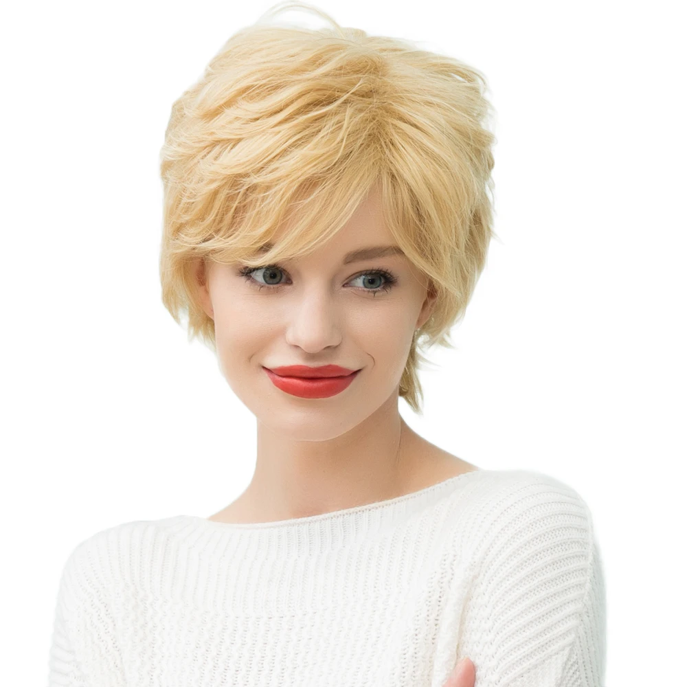 

New Blonde Short Curly Wavy Wig Women Lady's Cosplay Human Hair Wigs +