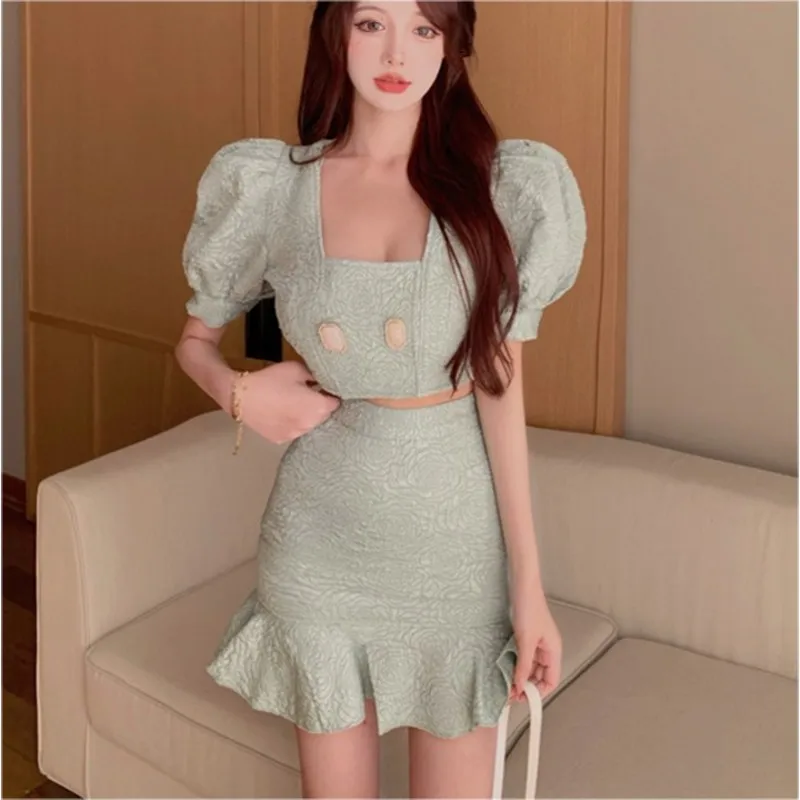 

2021 Лето Темперамент женщин комплекты из 2 предметов с рельефным горошком и оборками на рукавах топ + Русалка Bodycon Юбки Комплекты Костюмы из 2 ...