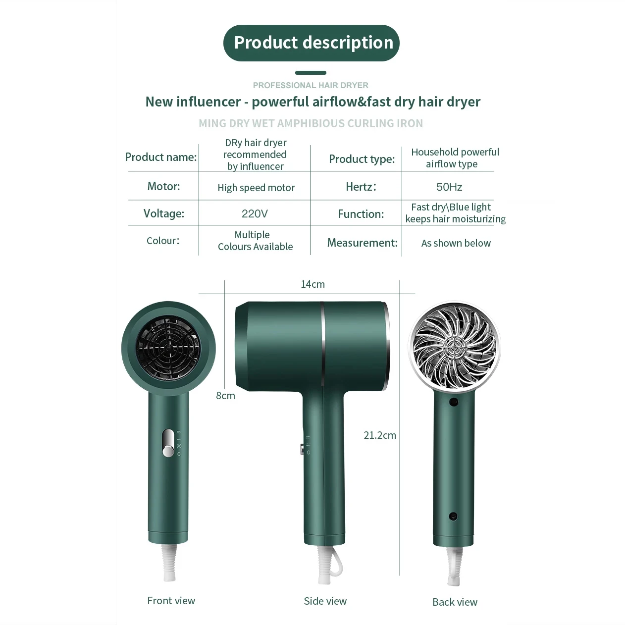 

Negative Ion Hair Dryer Fast and Stable Drying Machine Hot and Cold Air Circulation For Hair Styling Equipment and Tools 1200W