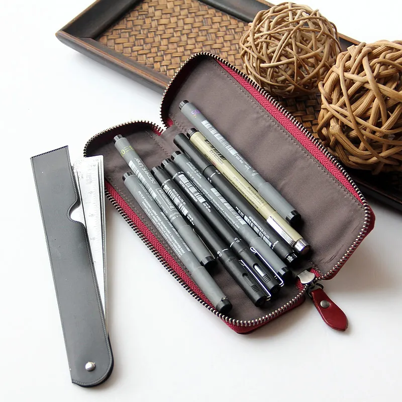 

Vintage Genuine Leather Pencil Bag Large Capacity Zipper Pen Case Stationery Student School Office Supplies Fountain Pens Holder