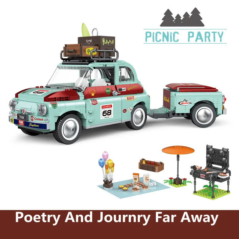 

Assembly Ideal Tourist Picnic Car Trailer Tractor Diy Building Block Set Transport Children's Educational Bricks Toys Gifts