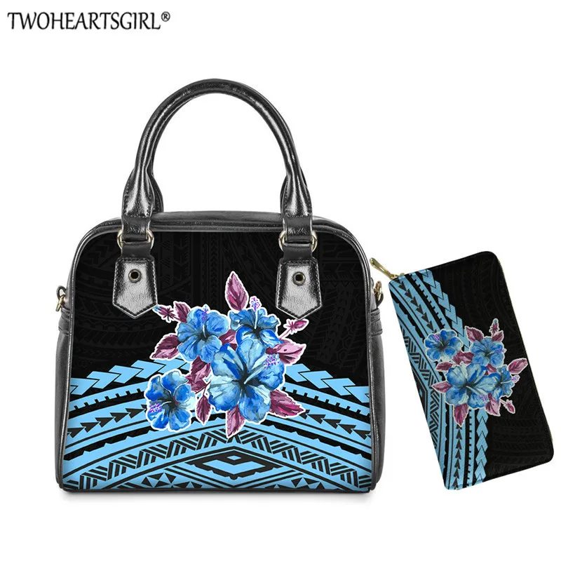 

Twoheartsgir Polynesia Hawaii Hibiscus Print Handbags Leather Flap Crossbody Bags for Women Casual Shoulder Bag Wallet 2pcs/Set