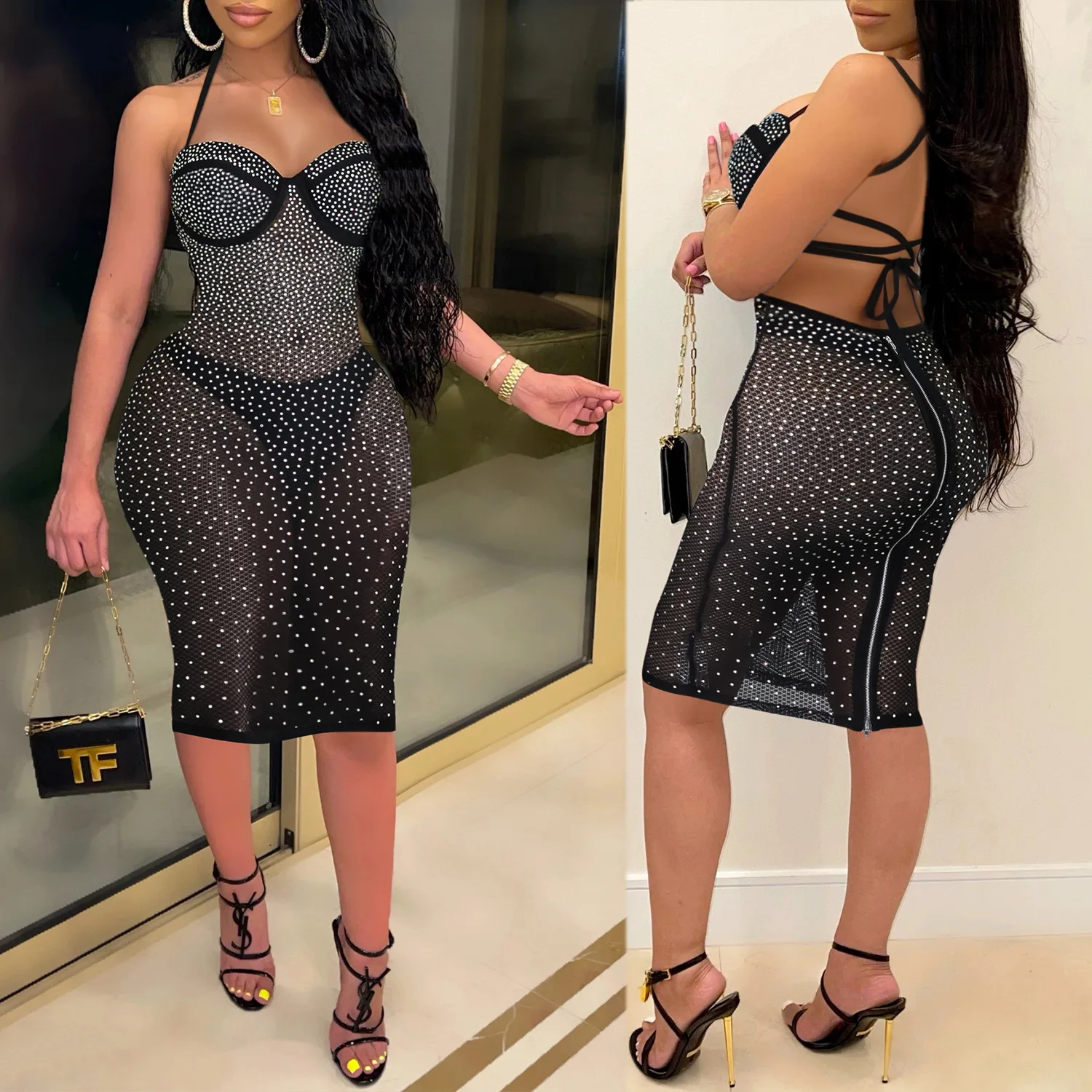 

2021 Ladies Fashion Elegant Hot Diamond Sexy See-through Slim Dress Workplace Nightclub Bar Sexy Dress Female
