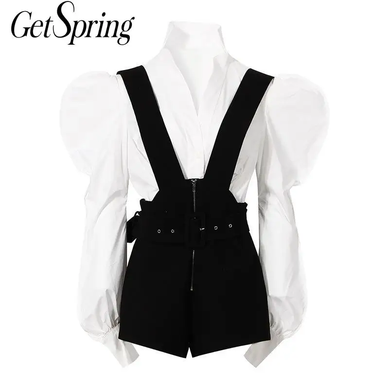 

Getspring Women Blouse V-neck Puff Sleeve White Short Summer Blouses Long Sleeve Cotton White Female Shirt Tops 2021 Fashion