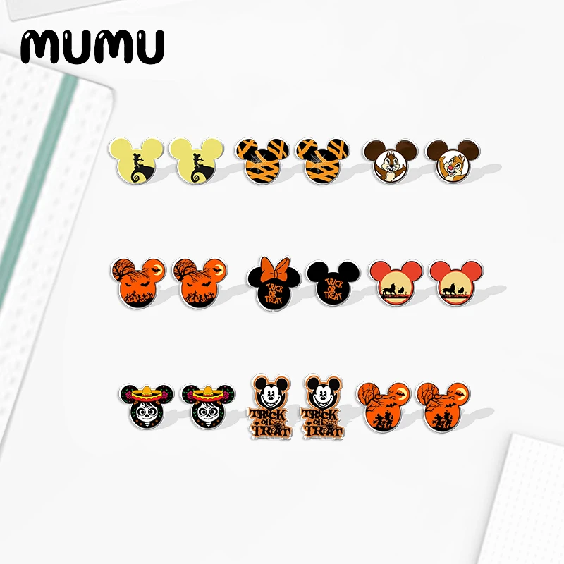 

Новинка 2021, серьги-гвоздики с рисунком Микки и Минни, акриловые серьги ручной работы из искусственной смолы для Хэллоуина, подарки для фанат...