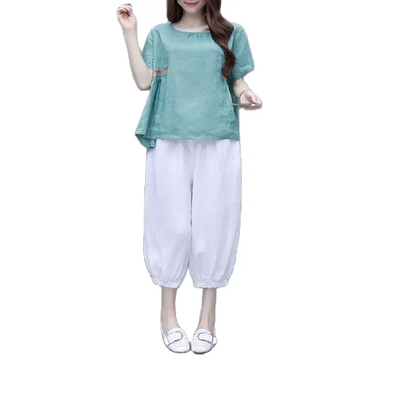 

Summer New Women Sport Suit Set 2021 Korean Fashion Casual Loose Large Size Top + Nine-Point Pants 2 Piece Set Women TYJTJY
