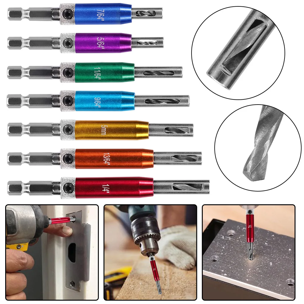 

5/64'' -1/4 7PCs Self Centering Drill Bit Set Hex Shank Self Center Hinge Drill Bits Tool for Woodworking Window Door Hinge