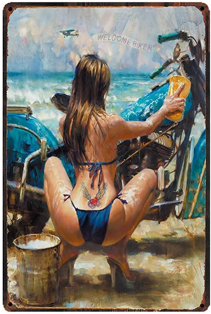 

Original Retro Design Bikini Girl Washing Motorcycles Tin Metal Signs Wall Art | Thick Tinplate Print Poster Wall Decoration for