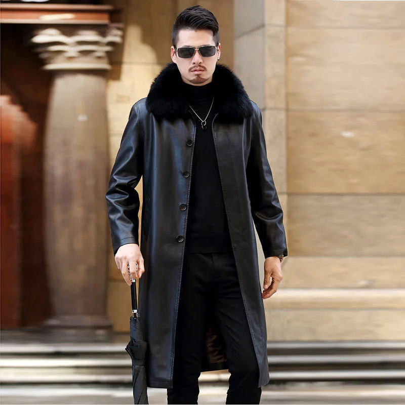 

Thickened long leather coat men's Lapel fur integrated leather coat thickened knee leather coat men's coat