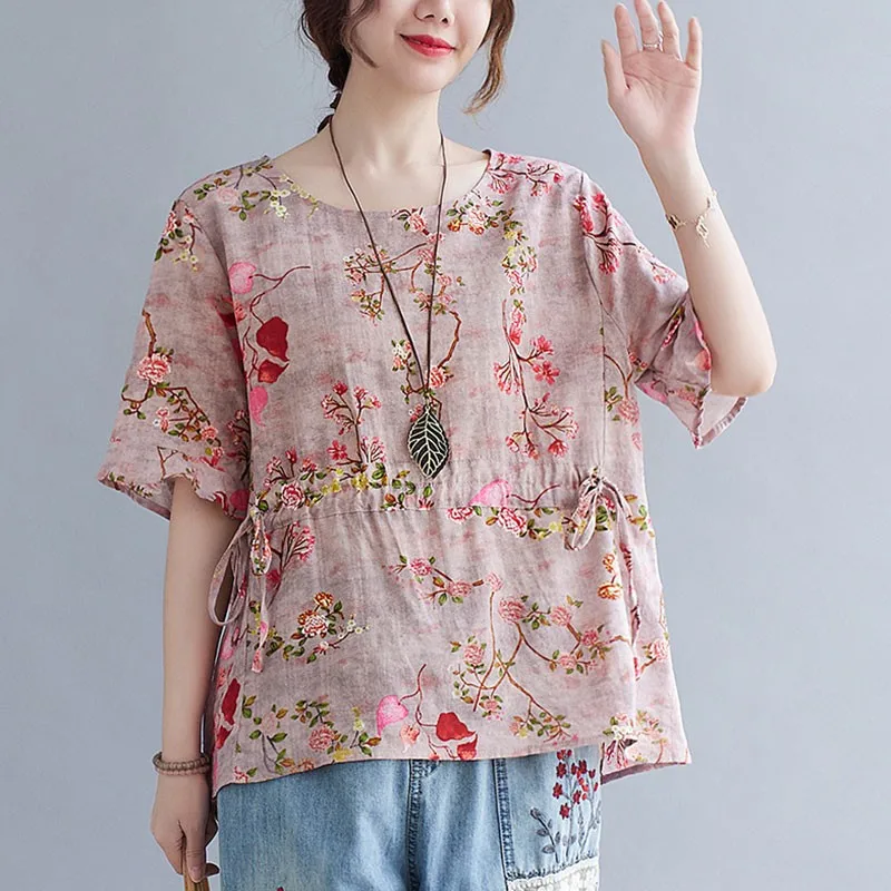 

Women Cotton Linen Casual T-shirts New Arrival 2021 Summer Vintage Style Floral Print Flare Sleeve Loose Female Tops Tees S3921