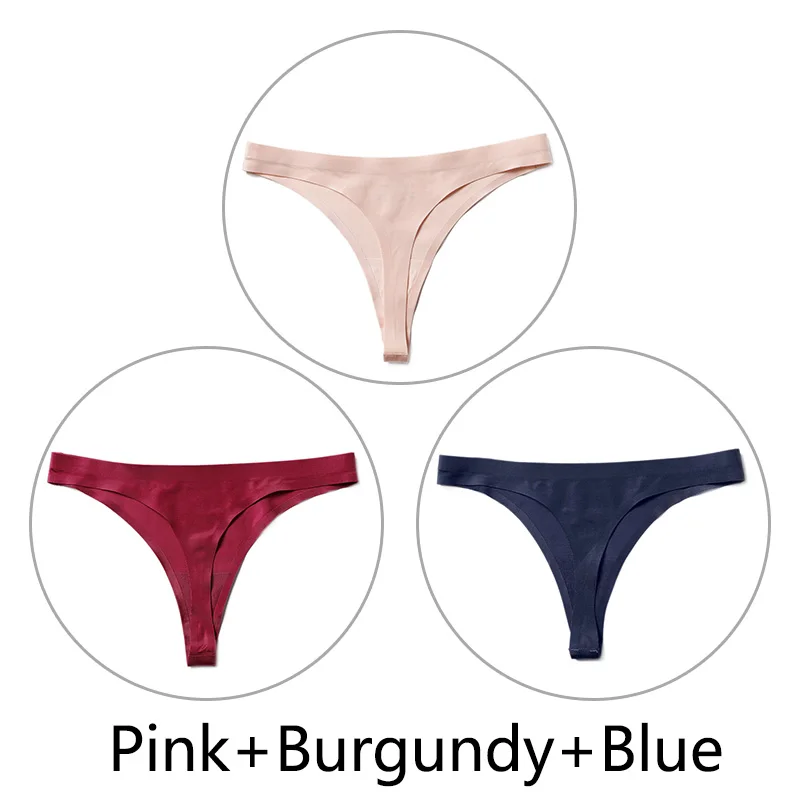 Pink-Burgundy-Blue 3 шт./партия, Сексуальные Бесшовные прозрачные трусики, женские трусики с низкой талией, трусики-стринги, нижнее белье, женские трусы-танга, стринги большого размера - Цвет: Pink-Burgundy-Blue