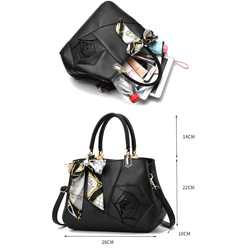

2020 Women Leather Handbag Solid Fashion Shoulder Bag Casual Rose Flower Trendy PU Vintage Handbag Messenger Bags High Capacity