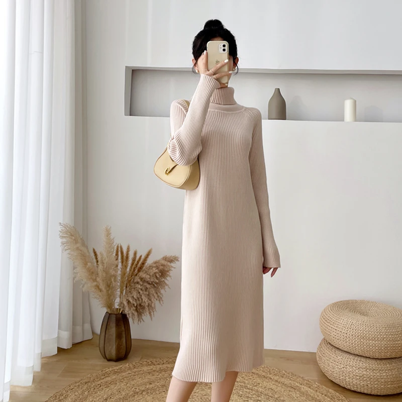 

Плотное вязаное платье-свитер, женское осенне-зимнее вязаное платье с высоким воротником в западном стиле, 2021