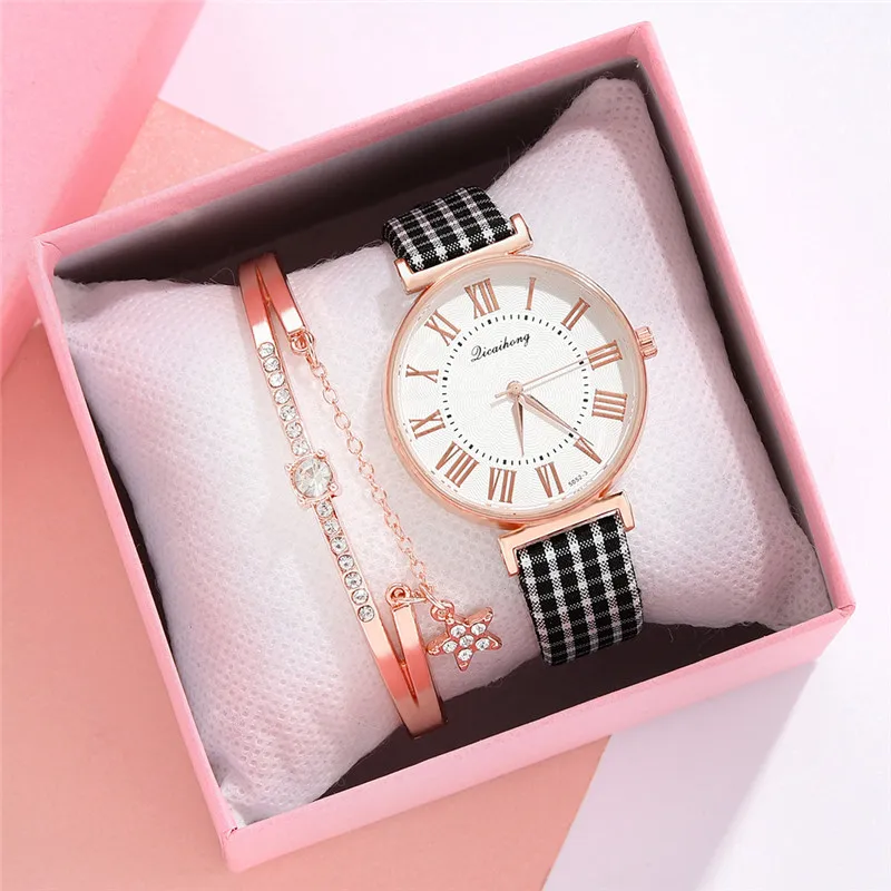 

Watch Women Fashion Casual Plaid Leather Bracelet Watches Set Simple Ladies' Small Dial Girls Quartz Clock Reloj Mujer