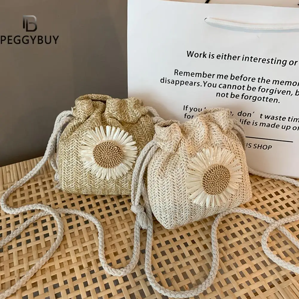 

Sunflower Straw Shoulder Bag Women Drawstring Bucket Pouch Beach Holiday Woven Small Knit Crossbody Messenger Handbag Purse