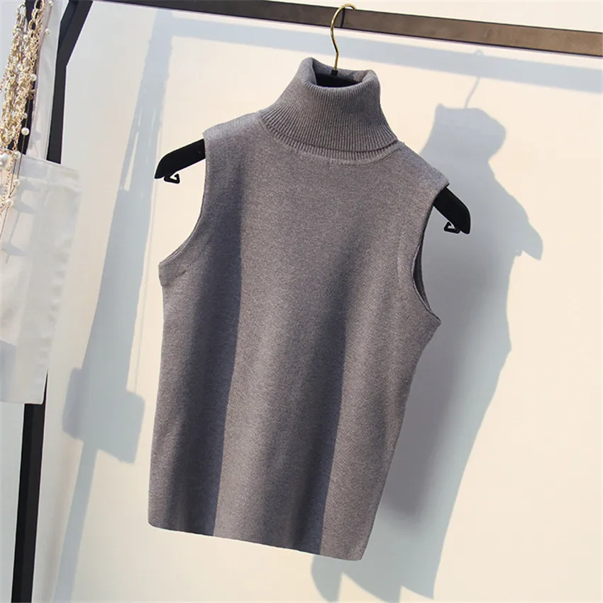 grey sleeveless Весенние вязаные топы женские с коротким рукавом футболки осень зима водолазка пуловеры футболка женская вязаная футболка - Цвет: grey sleeveless