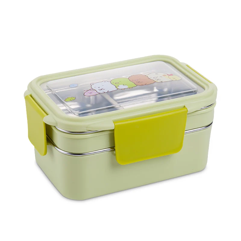SHAI портативный для детей, для пикника, школы, Bento Box, коробка для обедов с мультипликацией, из нержавеющей стали, двухслойный контейнер для еды - Цвет: Зеленый