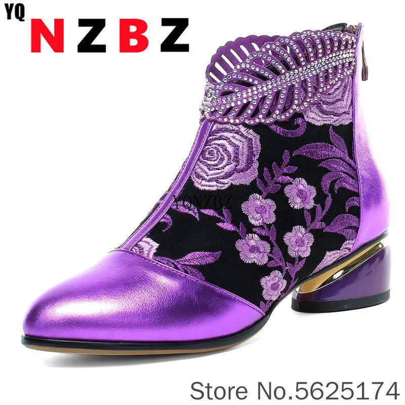 

2022 New ankle boots women's shoes genuine leather boots embroidery ethnic bohemia zipper spring autumn ladies botas