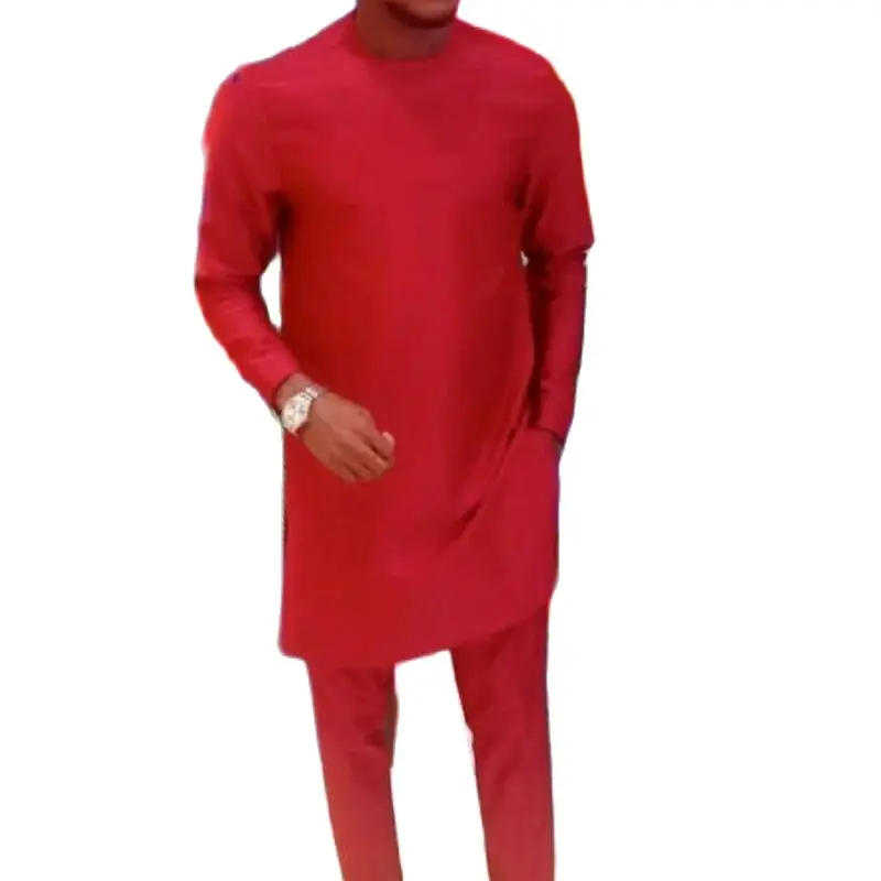 

Man set clothing African Fashion Solid Red Tops+Trousers Senator Suits Men's Outfits African Shirts Patch Pants Party Garments