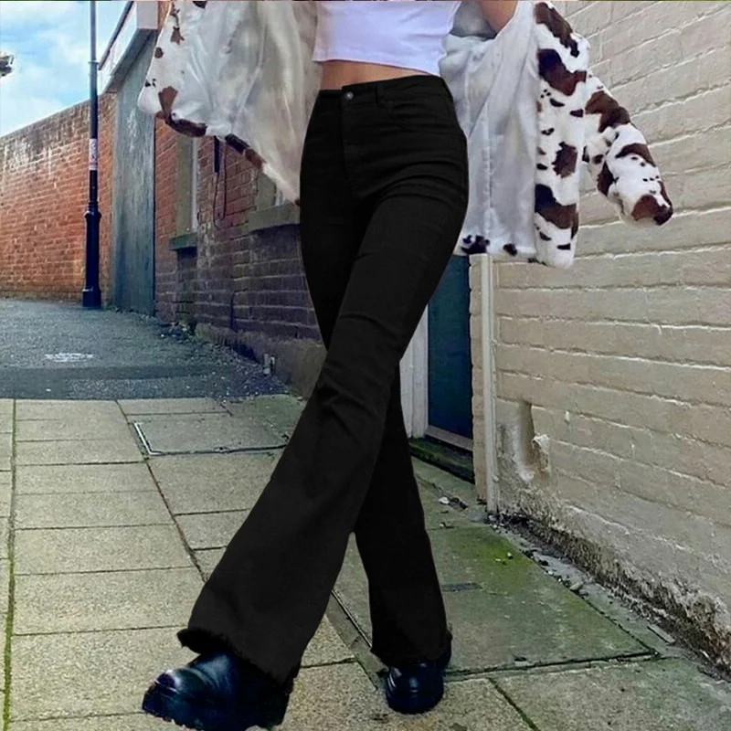 Women Fashion High Waist Slim Street Style Retro Flared Casual Jeans Khaki Black Brown Female Pants 2021 Classic Denim Trouser