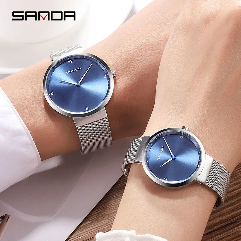 

SANDAP228 Couple Pair Watch Japan Shi Ying Movement Simple Thin Stainless Steel Mesh Belt