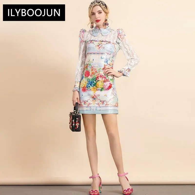 

New 2021 Fashion Runway Autumn Short Party Dress Women's Long Sleeve Beading Flower Print Vintage Mini Dress