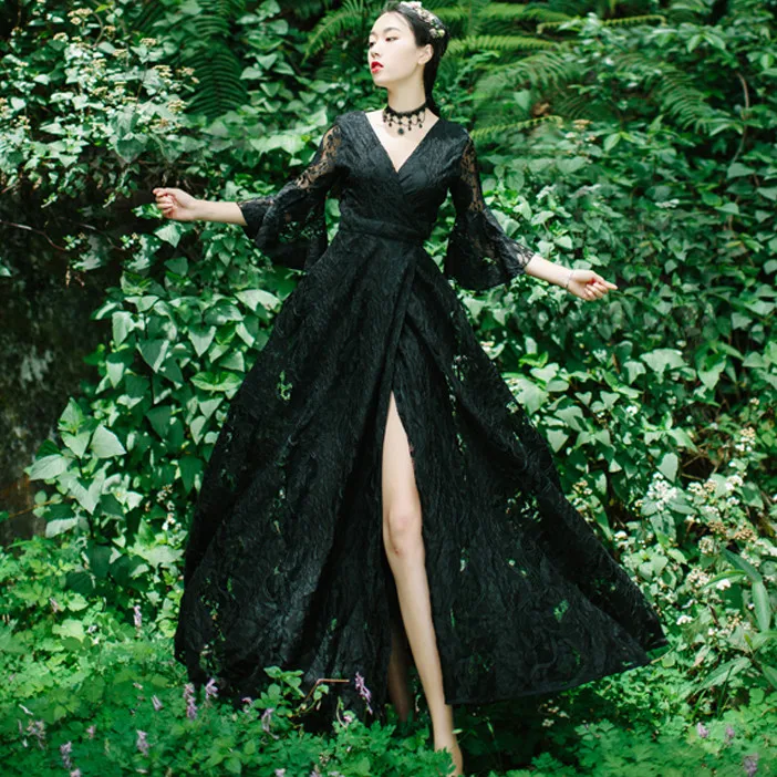 Женское модное платье с расклешенными рукавами кружевное v-образным вырезом и