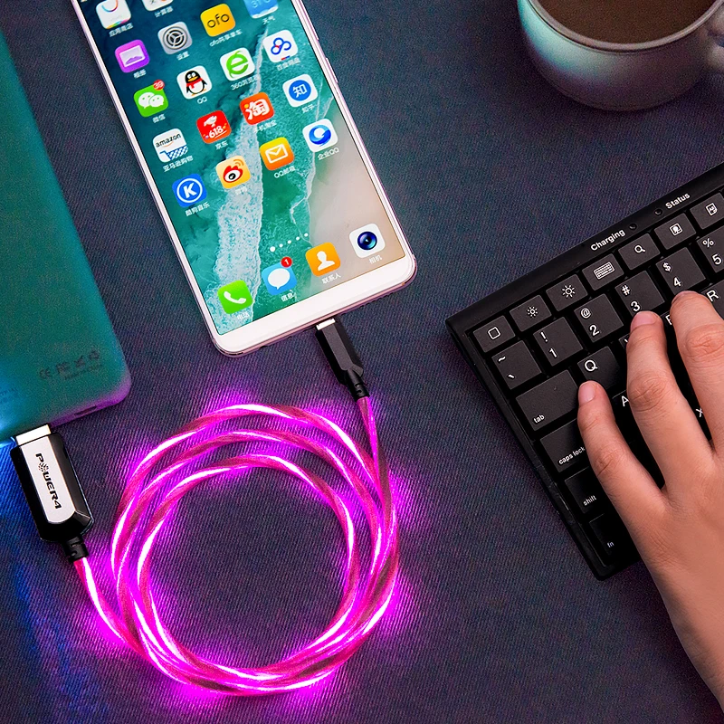 Светодиодные USB кабели Power4 1 5 м для iPhone Micro Type C кабель быстрой зарядки мобильных
