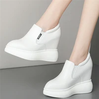 12cm high heel breathable creepers women genuine leather wedges ankle boots female pointed toe fashion sneakers casual shoes
