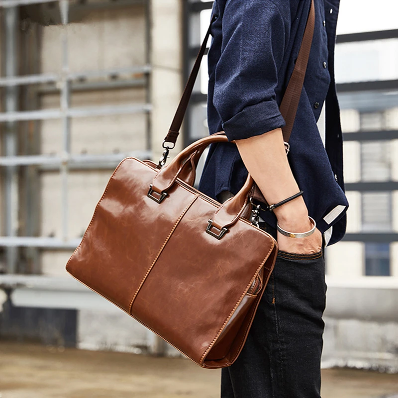 

Top Quality Leather PU Briefcase Retro Fashion Men Large Capacity Shoulder Crossbody Laptop Bags Male Office Business Handbag