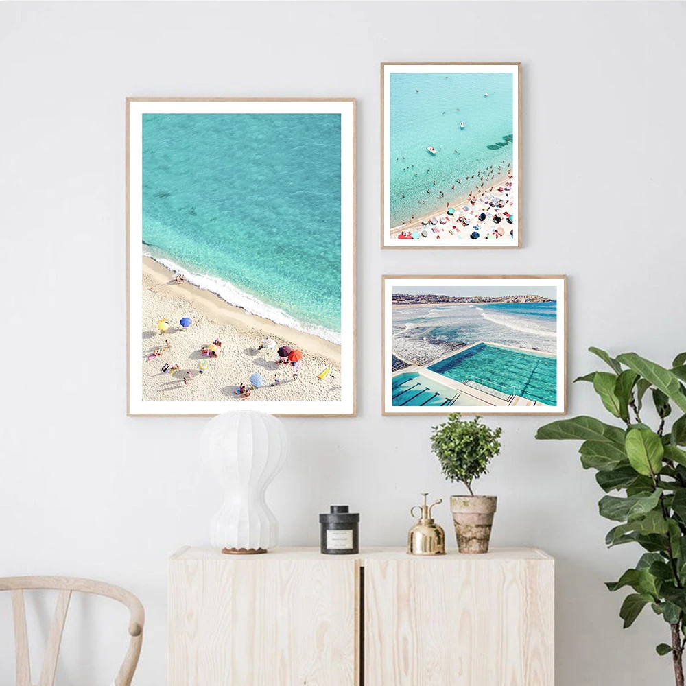 

Blue Beach Seascape Wall Art Colorful Umbrellas Canvas Painting Swimming Tourist Poster Print Picture for Living Room Home Decor