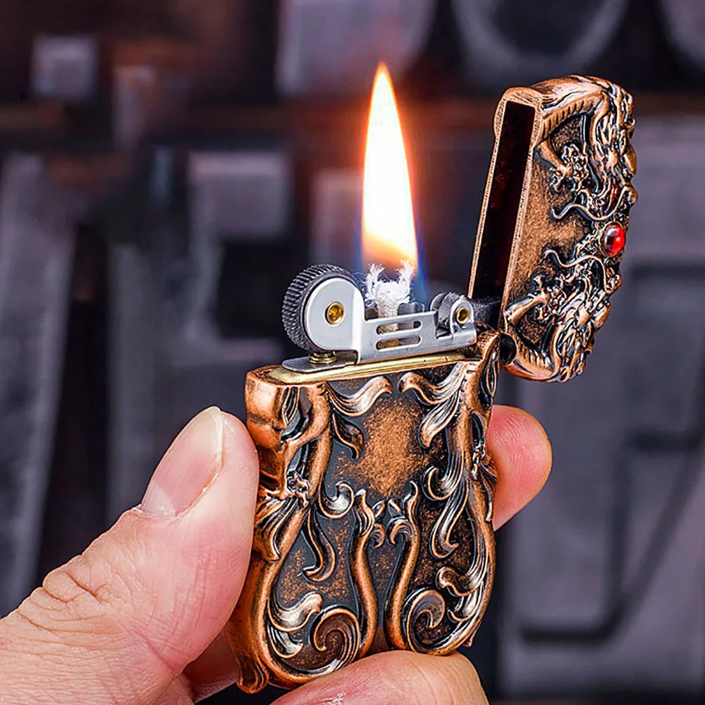 

Роскошная зажигалка с 3D рисунком дракона, Ретро Металлические керосиновые зажигалки, уникальные масляные зажигалки для мужчин, зажигалка д...