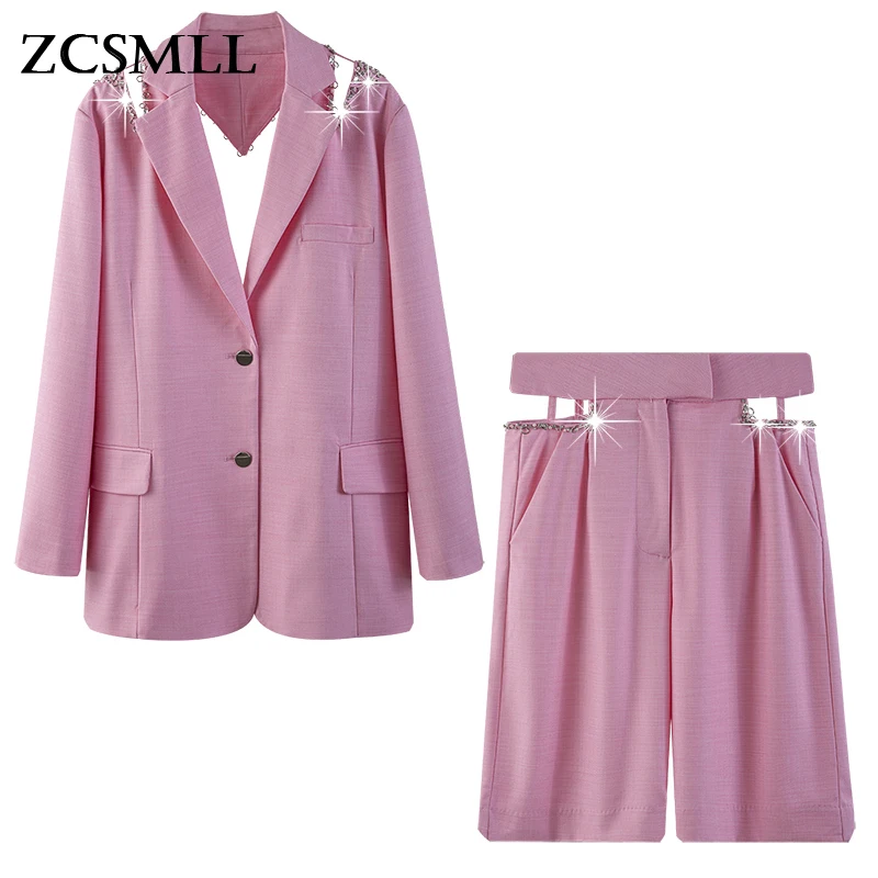 

[ZCSMLL] Solid Color Nail Bead Hollow Back Suit Personality Fashionable Straight Tube Pants Suit 2021 fit And Autumn TH401
