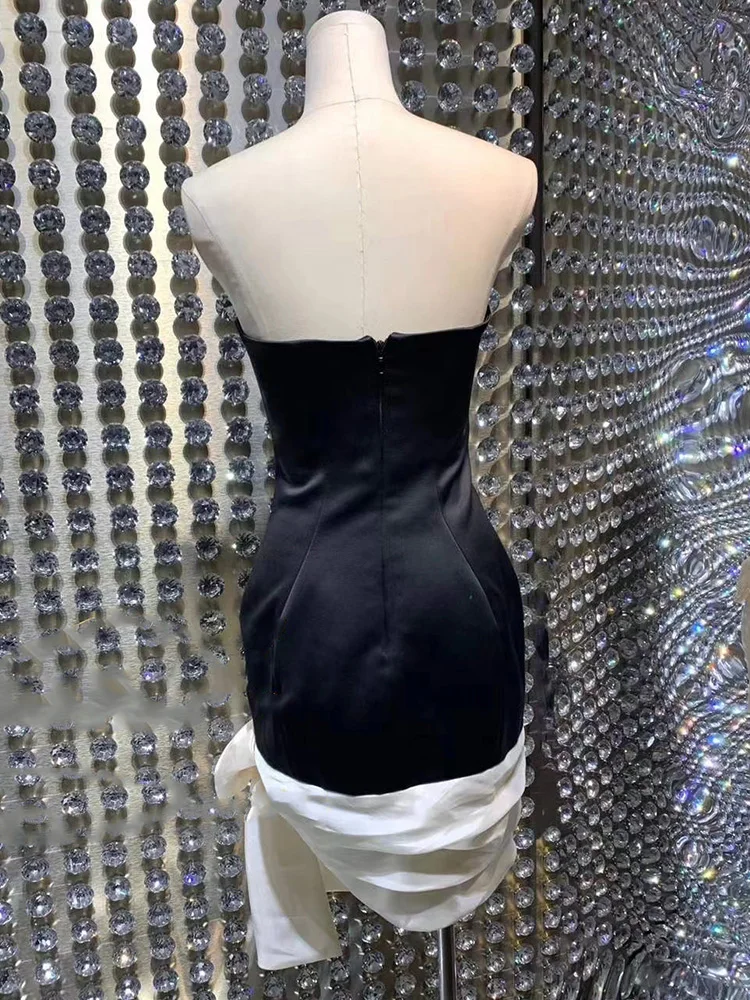 

Sexy Leaky Shoulder Tube Top Style Retro Contrast Color Bow Decoration Tight-fitting Buttocks Dress Ladies Summer New Fashion