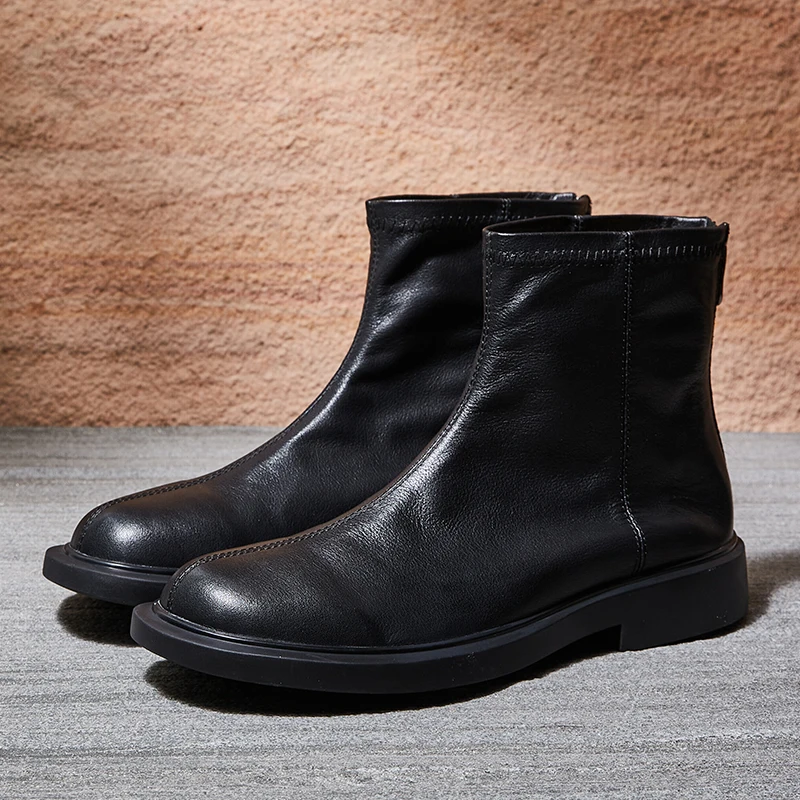 

SOFT ! Size 38 - 44 Pure Black Full Grain Leather Men's Zipper Four Seasons Causl Boots Cool Boy Shoes