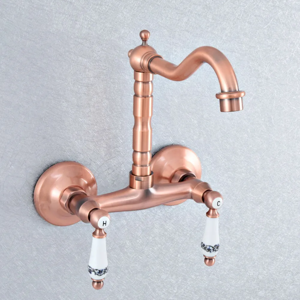 

Antique Red Copper Brass Wall Mounted Kitchen Wet Bar Bathroom Sink Faucet Swivel Spout Mixer Tap Dual Ceramic Handles asf895